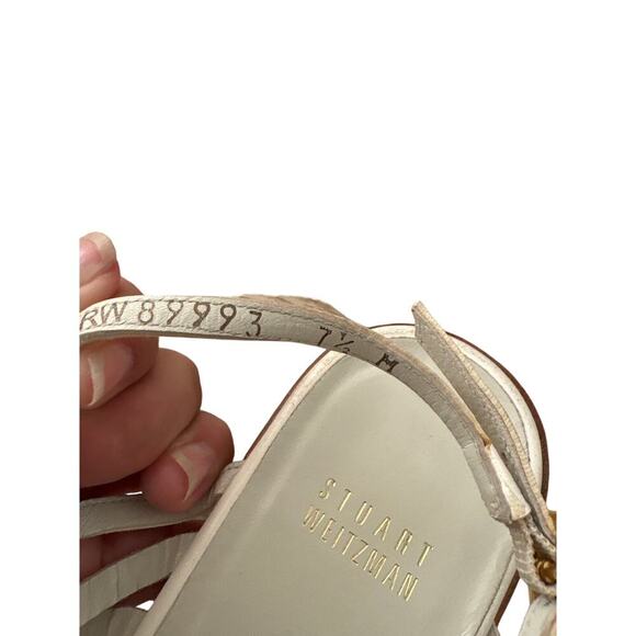 Stuart Weitzman White Cutout Leather Sandals Block Heel Size 7 - Picture 2 of 11